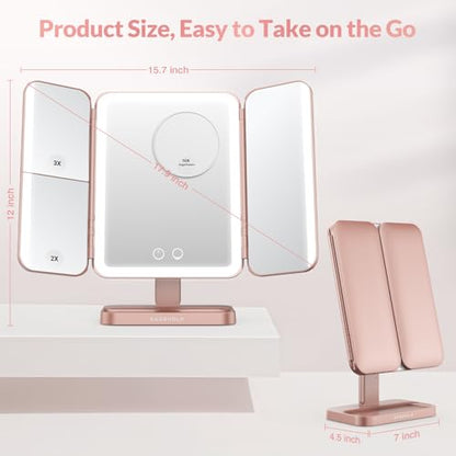 EASEHOLD Trifold Lighted Makeup Vanity Mirror with Lights and Magnification - color: Rose Gold - Rechargeable-5000 Mah-3 Sides Light