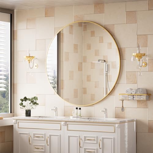 BEAUTYPEAK 42 Inch Round Mirror, Metal Frame Circle Mirror, Gold - color: Gold, size: 42"L x 42"W