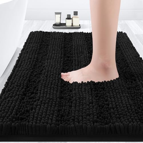 ACCUMTEK Striped Black Bathroom Rug Mat 36"x24" Ultra Soft, Non Slip Chenille Bath Rugs, Absorbent Plush Shaggy Bath Mats for Bathroom, Bedroom, Kitchen, Shower, Tub - color: Black, size: 2' x 3' (Rectangular)