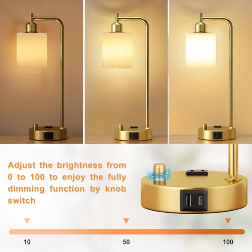 Innqoo Industrial Table Lamps for Bedroom Set of 2 - Fully Dimmable Bedside Lamps with USB Ports and Outlet, Gold Nightstand Lamps with Opal Glass Shade for Living Room, Desk Lamps for Office Reading - color: Opal Glass&Gold Base
