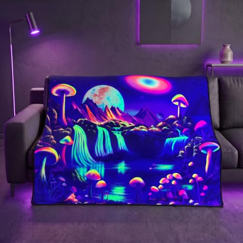 Blacklight Galaxy Mountain Lake Throw Blankets Glow in the Dark Under Black Light Fantasy Lake Planet Throw UV Reactive Mushroom Blanket Throw for Bedroom Dorm Decor 59”x51” - color: Moon Mountain Lake