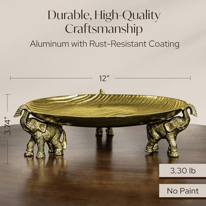Antique Gold Tray with Elephant Stand - Round Coffee Table Centerpiece - color: Antique Gold