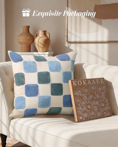 Embroidered Throw Pillow Cover 18x18 Inch, Blue Checkered - color: Blue Checkered, size: 18" x 18" (Pack of 1)