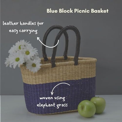 African Market Basket with Leather Handles, Blue Woven Bolga Market Basket, 12" Wide - color: Blue