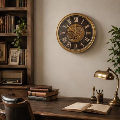 Large Real Moving Gears Wall Clock 24 Inch,Roman Antique Brass Brown - color: 24 Inch Roman Antique Brass Brown