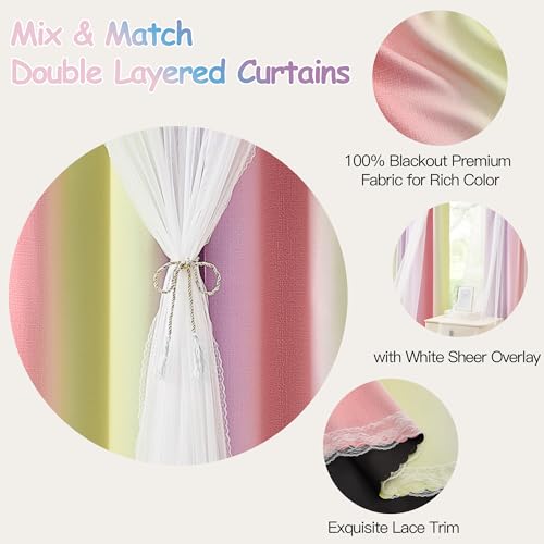 Pink Yellow Purple Blackout Curtains with Sheer Overlay for Girls Bedroom - color: Blackout-pink Purple Yellow, size: 34"W x 63"L (Pack of 2)