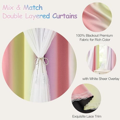 Pink Yellow Purple Blackout Curtains with Sheer Overlay for Girls Bedroom - color: Blackout-pink Purple Yellow, size: 34"W x 63"L (Pack of 2)