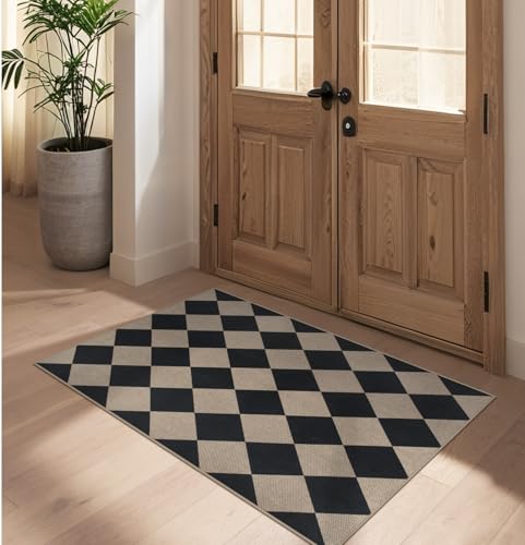 Rugalia Easy Jute Checkered Entryway Rug, 2.6x4 Black Modern Indoor Outdoor Doormat, Washable Non-Slip Neutral Kitchen Rug Farmhouse Diamond Throw Rugs for Entrance Bedroom Bathroom - color: Black Checkered, size: 2.6' x 4' (Rectangular)