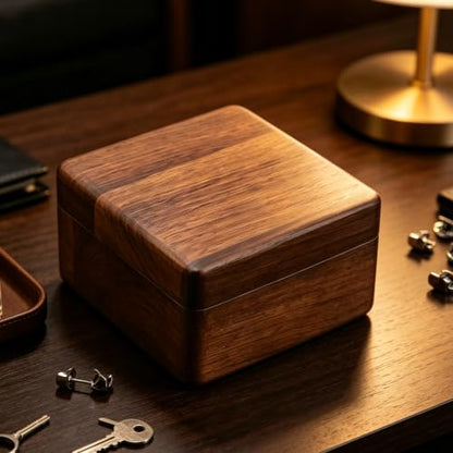 Walnut Color Wood Watch Box, Carved from One Solid Block of Wood, Luxury Wooden Jewelry Box with Magnetic Lid, Keepsake Gift Box for Watch, Jewelry, Rings, Wedding Gift(4.2" x 4.2" x 2.64") - color: Storage Box-DKH-10.7*10.7CM