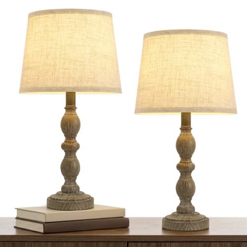 Table Lamps Set of 2, 20.5" Rustic Farmhouse Bedside Lamps with Linen Shade - color: Dark Brown