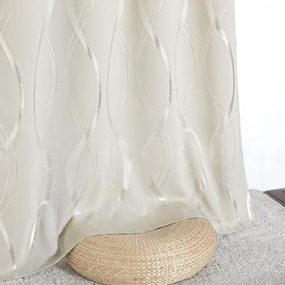 NICETOWN Beige Kitchen Curtains Small Blackout Panels 34 by 54 Inch, Set of 2, Window Treatment Thermal Insulated Solid Grommet Room Darkening Wave Line Foil Print Design Drapes for Cafe, Loft - color: 1 - Beige, size: 34"W x 54"L (Pack of 2)