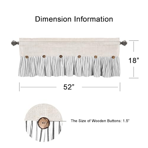 DOSLY Ides Farmhouse Rustic Linen Cotton Valance Curtain, Black Striped Pleated Design with Coconut Buttons, Multi-Room Window Treatment for Kitchen Living Room Bedroom, 52x18 Inch - color: Linen & Black Stripe, size: 52"W x 18"L (Pack of 1)