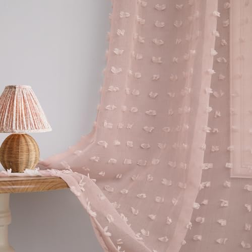 Pink Curtains for Girls Room 63 Inch Pom Pom Pink Sheer Curtain for Bedroom 2 Panels Textured Sheer Curtains for Nursery Princess Kids Room Back Tab Rod Pocket Boho Voile Cute Window Drapes 52x63 - color: Dusty Pink, size: 52"W x 63"L (Pack of 2)