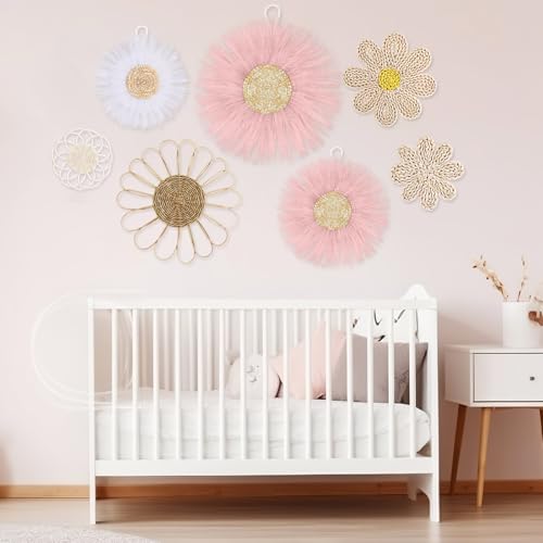 Chunful 7 Pcs Boho Wall Basket Decor Rattan Flower, Pink - color: Pink