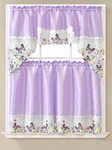 Generic 3-Piece Set Embroidered Window Curtain 2 Panels 1 Valance for Kitchen Restaurant Bar BR (Lilac BR-45) - color: Lilac Br-45