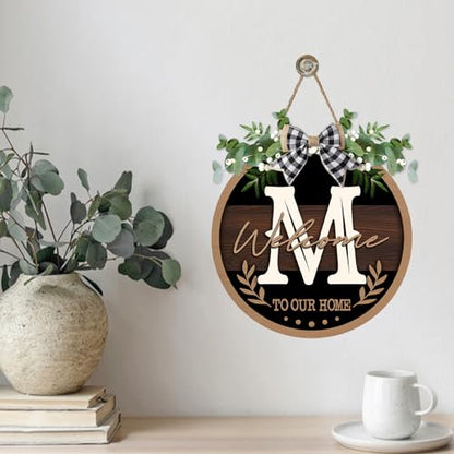 Monogram Letter M Front Door Sign, Welcome to Our Home Family Last - color: M