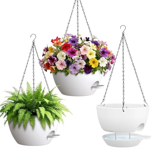 UOUZ Set of 3-10 Inch Self Watering Hanging Planters for Indoor Outdoor，Hanging Plant Pots with Drainage & Removable Tray, Hanging Pots for Pothos Plant, Spider Plants, Ferns, Balcony & Patio, White - color: White, size: 10inch-3pack