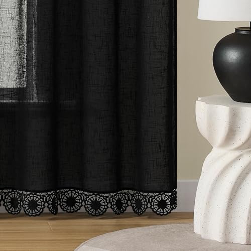 Gibelle Black Boho Bedroom Curtains 84 Inch Length, Farmhouse Linen Curtains for Living Room, Bohemian Country Window Curtain Panels Tassel Draperies, 56’’W x 84’’L - color: Black, size: 56"W x 84"L (Pack of 1)