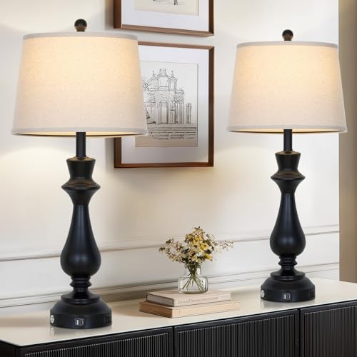 Cinkeda Touch Lamps for Night Stands Set of 2-29.5" Tall Bedside Lamp with USB C+A, 3 Way Dimmable Bedroom Lamps, Black Metal Table Lamps for Living Room - color: Black