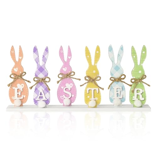 Smile Easter Bunny "EASTER" Letter Wooden Sign, 6-Piece Colorful Bunny Silhouette Decor with Rustic Bows for Spring Tiered Tray & Tabletop Display - style: Colorful Bunny