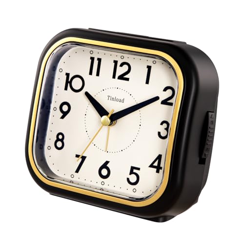 Tinload 4.3" Vintage Retro Analog Alarm Clock, Super Silent Non Ticking Clock with Manual Light, Snooze, Battery Operated, Simply Design, for Living Room, Bedroom, Bedside, Desk(Black-V2) - style: Black-Gold