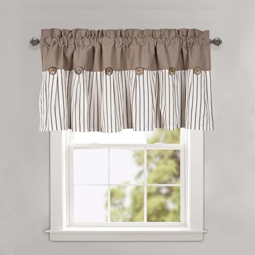 DOSLY Ides Farmhouse Rustic Taupe Cotton Valance Curtain, Brown Striped Pleated Design with Coconut Buttons, Multi-Room Window Treatment for Kitchen Living Room Bedroom, 52" W x 18" L - color: Taupe & Brown Striped, size: 52"W x 18"L (Pack of 1)