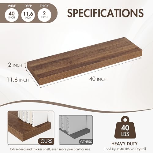 Acovy 40 Inch Floating Shelves, 12" Deep Floating Shelf Wall Mounted, 40" Wall Shelves, Rustic Deep Bookshelf, Extra Deeper & Thicker Display Shelves for Bedroom, Living Room, Walnut, Set of 2 - color: Walnut, size: 12"Wx40"L-2pcs