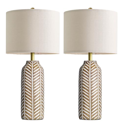 BOBOMOMO 26" Farmhouse Table Lamps Set of 2 - Vintage Leaf Design, Rustic Resin Nightstand Lamps for Bedroom, Living Room, Nursery, Hallway, Elegant Living Room Lamps with Linen Shades Antique Brown - color: Natural Wood Color