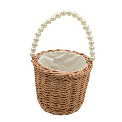 Rustic Wicker Rattan Wedding Flower Girl Baskets,Woven Rattan Storage Basket with Pearl Handles,Woven Eggs Candy Basket for Wedding Home Garden Decor (B) - color: B