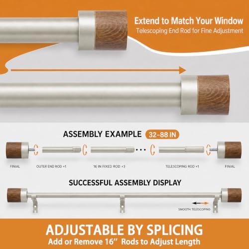 1 Pack Boho Rustic Adjustable Wood Curtain Rod 32-88 Inch, Nickel - color: Nickel, size: 32"-88"|1 PACK