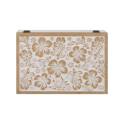Wooden Keepsake Box - Decorative Floral Wood Boxes with Hinged Lid, Flower Engraved Design, 10.24" W