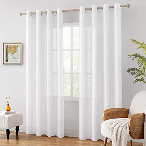 HOMEIDEAS White Linen Textured Sheer Curtains, 52 X 96 Inch, 2 Panels - color: White, size: 52"W x 96"L (Pack of 2)