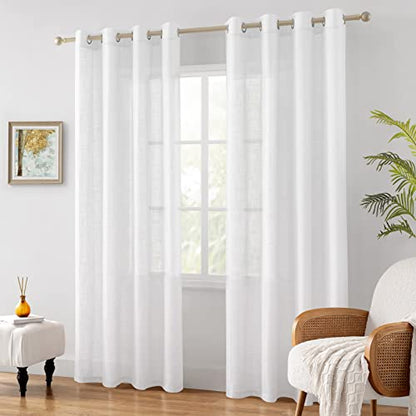 HOMEIDEAS White Linen Textured Sheer Curtains, 52 X 96 Inch, 2 Panels - color: White, size: 52"W x 96"L (Pack of 2)