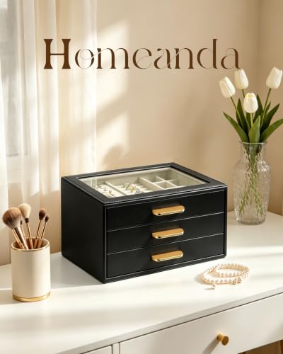 Homeanda Jewelry Boxes Organizer with Glass Lid, 3-Layer PU Leather, Black - color: Black, size: 3 Layer