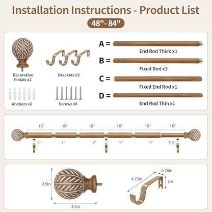 Wood Curtain Rod for Windows 48" to 84" Adjustable Heavy Duty Curtain Rod - size: 48-84"(1 Pack)
