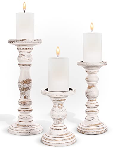 Wooden Pillar Candle Holder, Farmhouse Fireplace Mantel Decor, Rustic White - color: Rustic White