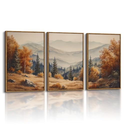 InSimSea Oversized Vintage Fall Art Decor, Landscape Picture, 3Pcs,16x24in | Framed Canvas Artwork, Mountain Forest, Rustic Farmhouse Decor, Bedroom Above of Bed Living Room Hallway - color: Watercolor Misty Mountain