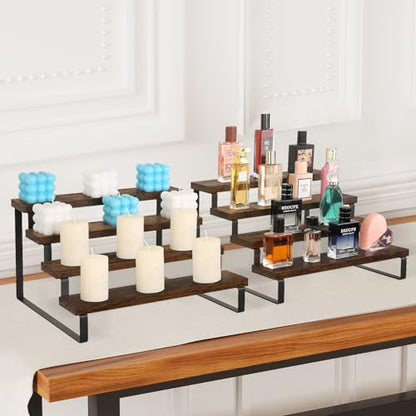 YINMIT Wooden Display Riser Stand, Tiered Perfume and Cologne Organizer Stand, 4 Tier Spice Rack Organizer, Rustic Display Shelf for Candles (4 Tier, 2 Pack) - color: 4 Tier,2 Pack,Brown
