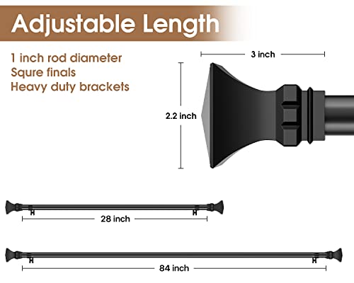 Curtain Rods for Windows 48 to 84 inch with Square Finials, Easy Install Rust Proof Decorative Drapery Rods for Outdoor Patio Bedroom Living Room, 1 inch Diameter, Matte Black - size: 42"-88"