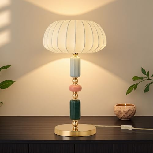ModernSilk-Like Table Lamp with Ceramic & Metal Base, E26 Bedside Lamp, 11.81" W x 20.86" H, Small Plug in Lamp, Modern White Ceramic Lamp for Bedroom