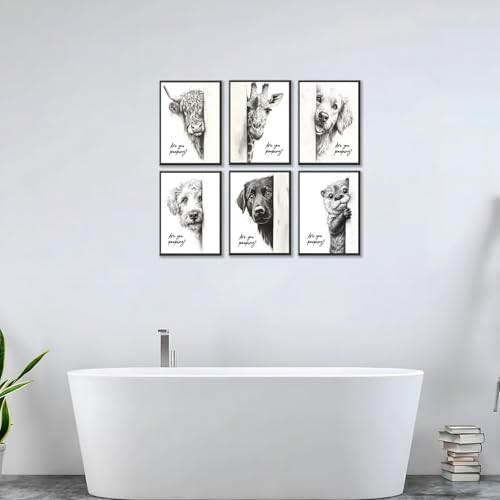 Funny Bathroom Wall Art Set of 6 Black and White Bathroom Posters Unframed - color: Animal Prints