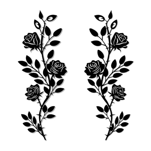 Elenwynn 2pcs Metal Rose Floral Wall Decor Art , Rustic Wrought Iron Plant Leaves Vine Scrolls Hanging Sculptures Sign, Flowers Home Ornaments for Above Doors, Bedrooms Living Room Or Dining Walls-Black A - color: Rose Leaf A