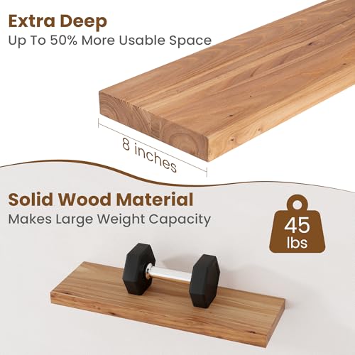 Floating Shelves for Wall, 8" Deep Elm Wood Shelves, 24in Set of 2, Natural - color: Natural, size: Flat Edge, 24inch, 2Packs