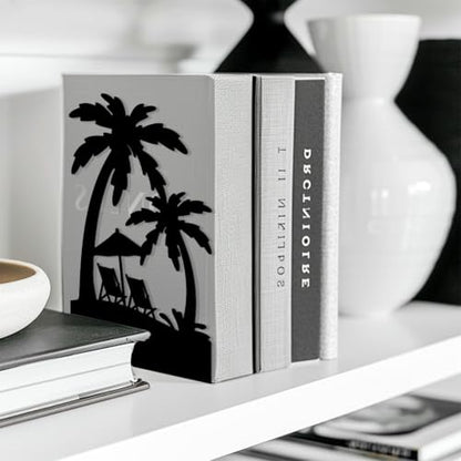 Peacoblue 5.3"x4.3"x7.9" Metal Bookends, Heavy Duty Book Ends for Shelves - style: Beach and Palm
