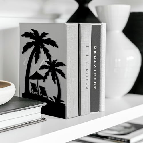 Peacoblue 5.3"x4.3"x7.9" Metal Bookends, Heavy Duty Book Ends for Shelves - style: Beach and Palm