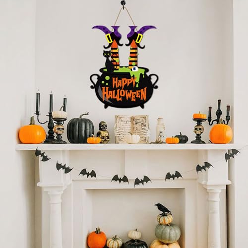 Halloween Witch Door Sign Happy Halloween Wooden Sign Plaque Witch Leg Front Door Hanging Decor Wood Welcome Signs for Home Farmhouse Hanger Porch Wall Decor Witches Party Supplies