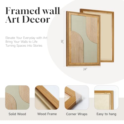 Framed 3D Wood Boho Abstract Textured Wall Decor Living Room, 24x36 Inch - color: Neutral Grey Green