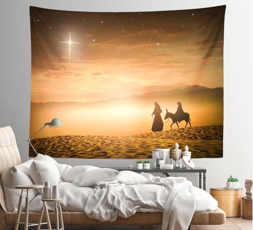Loccor Nativity Scene Tapestry Christmas Eve Mary and Joseph with a Donkey Desert Bethlehem Star Starry Sky Wall Hanging Xmas Christianity Church Home Living Room Decor 140''x98'' - size: 98.00" x 140.00"