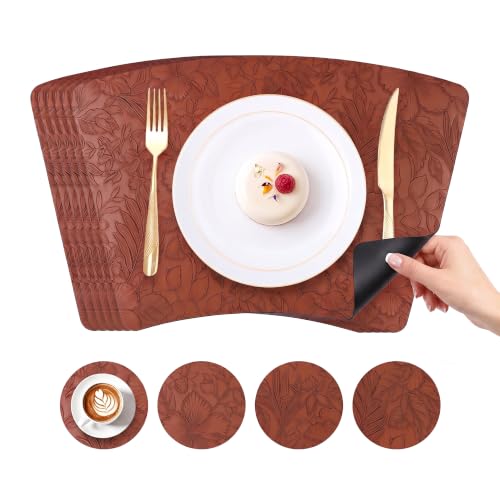 Faux Leather Set of 6, Placemats with Carving Floral Design - color: Brown