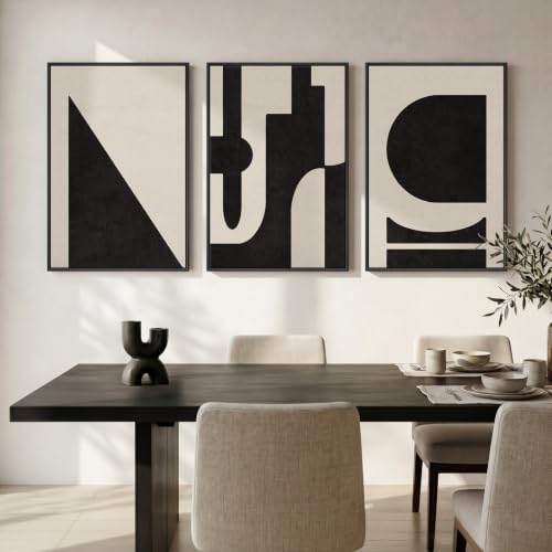 Large Framed Neutral Abstract Geometric Wall Art Set, 3 Piece 24x36 Inch - color: Black and White E, size: 24" W x 36" H x 3Pcs